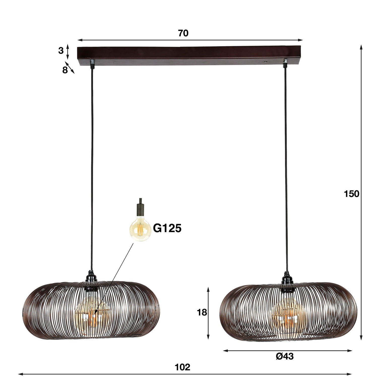 Hanglamp met 2 Lampen Copper Twist 2xØ43 - 102x43x150 cm - Zwart Nikkel