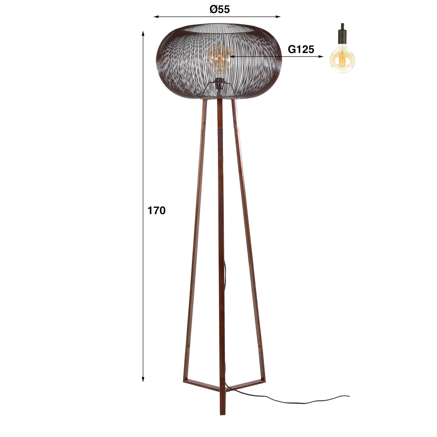 Vloerlamp 3-poot Copper Twist - 55x55x170 cm - Zwart Nikkel