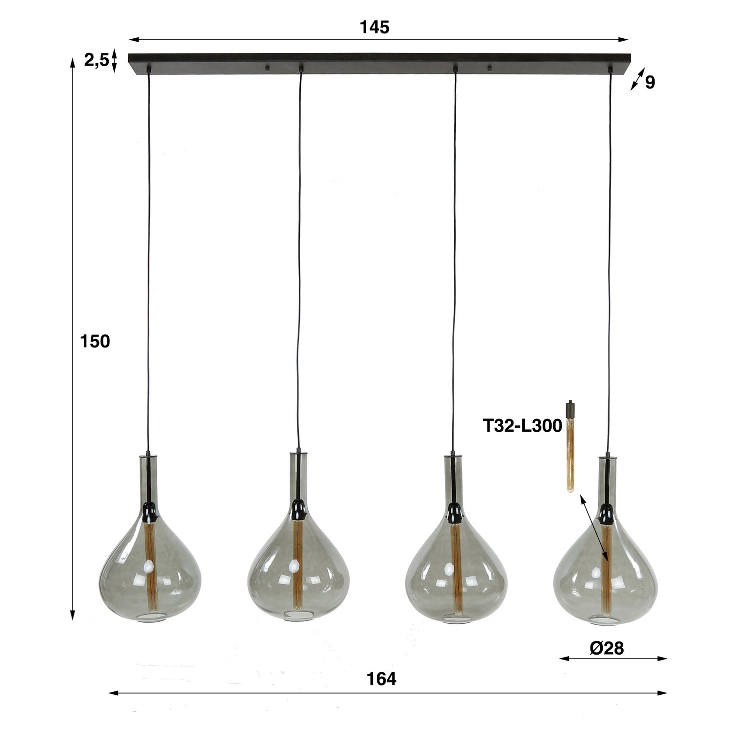 Hanglamp met 4 Lampen drop smoke glass - 164x28x150 cm - Artic Zwart - Glas