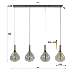 Hanglamp met 4 Lampen drop smoke glass - 164x28x150 cm - Artic Zwart - Glas