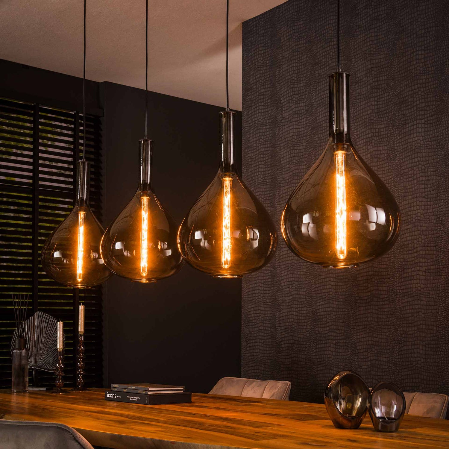 Hanglamp met 4 Lampen drop smoke glass - 164x28x150 cm - Artic Zwart - Glas