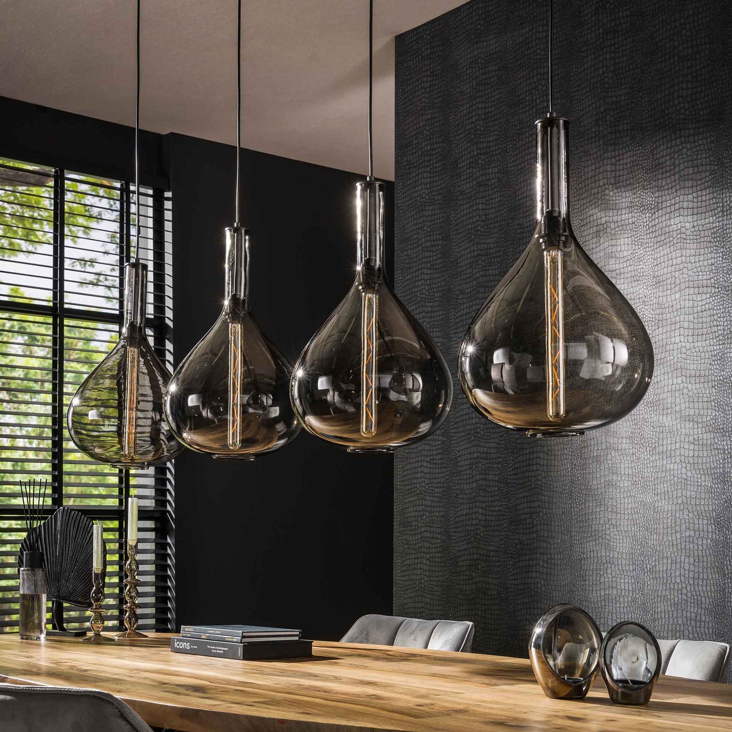 Hanglamp met 4 Lampen drop smoke glass - 164x28x150 cm - Artic Zwart - Glas