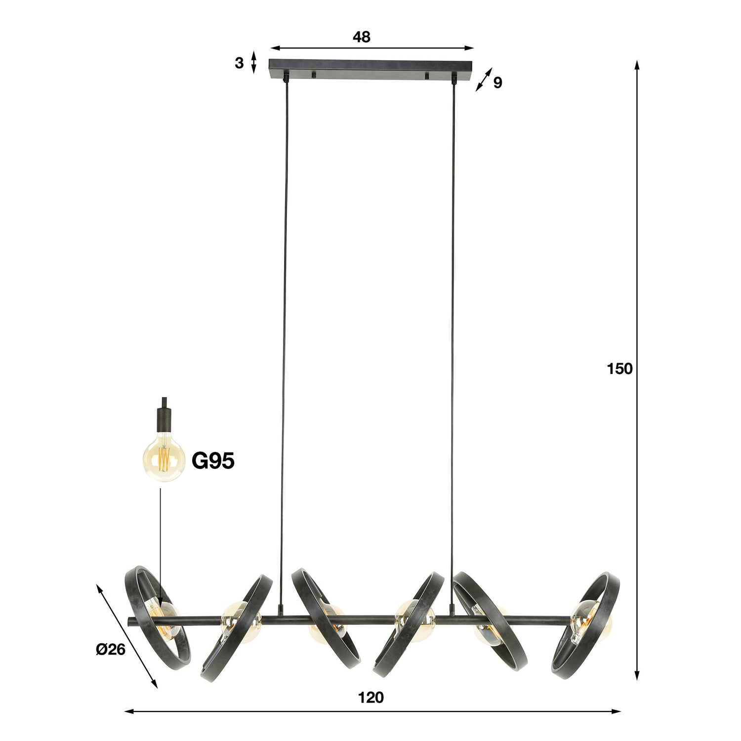 Hanglamp met 6 Lampen Hover - 120x42x150 cm - Charcoal