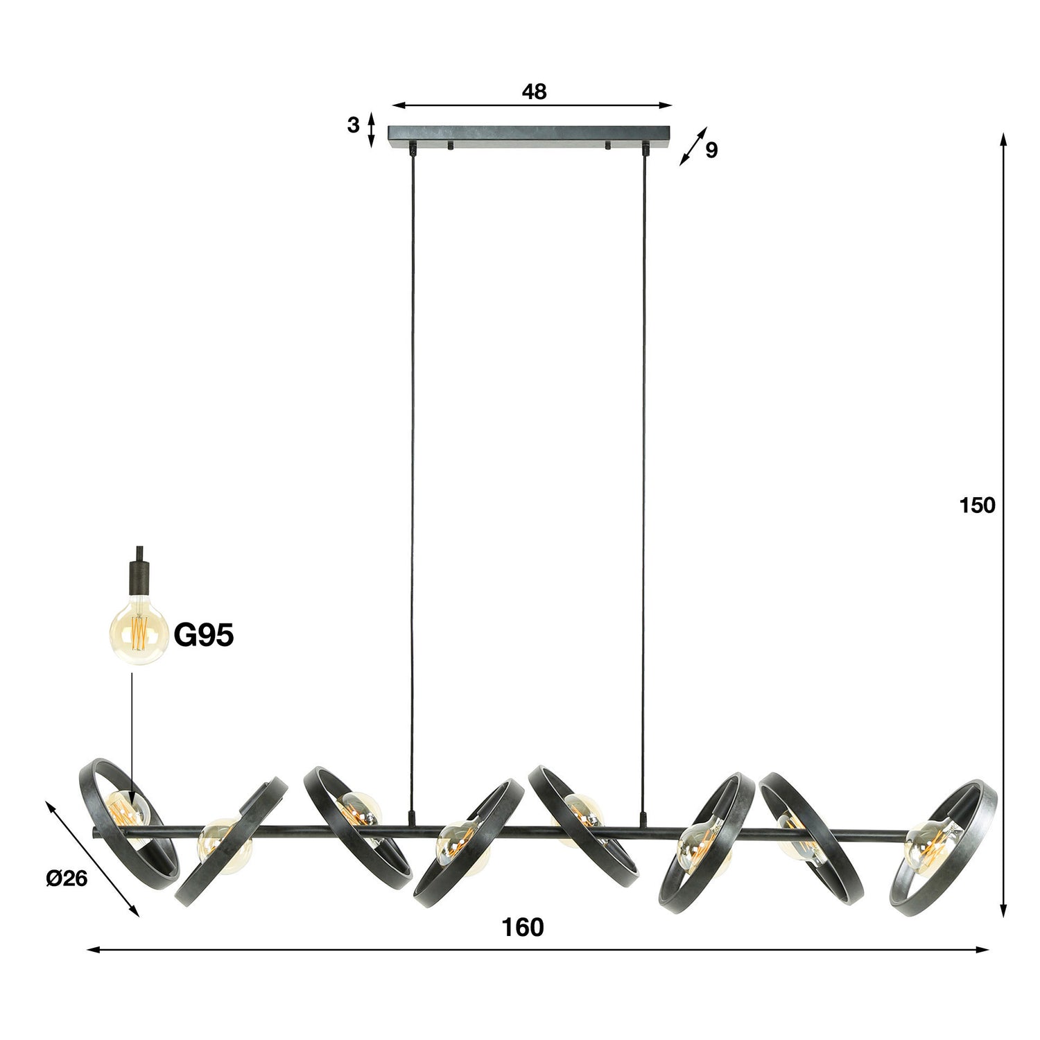 Hanglamp met 8 lampen hover - 160x42x150 cm - Charcoal