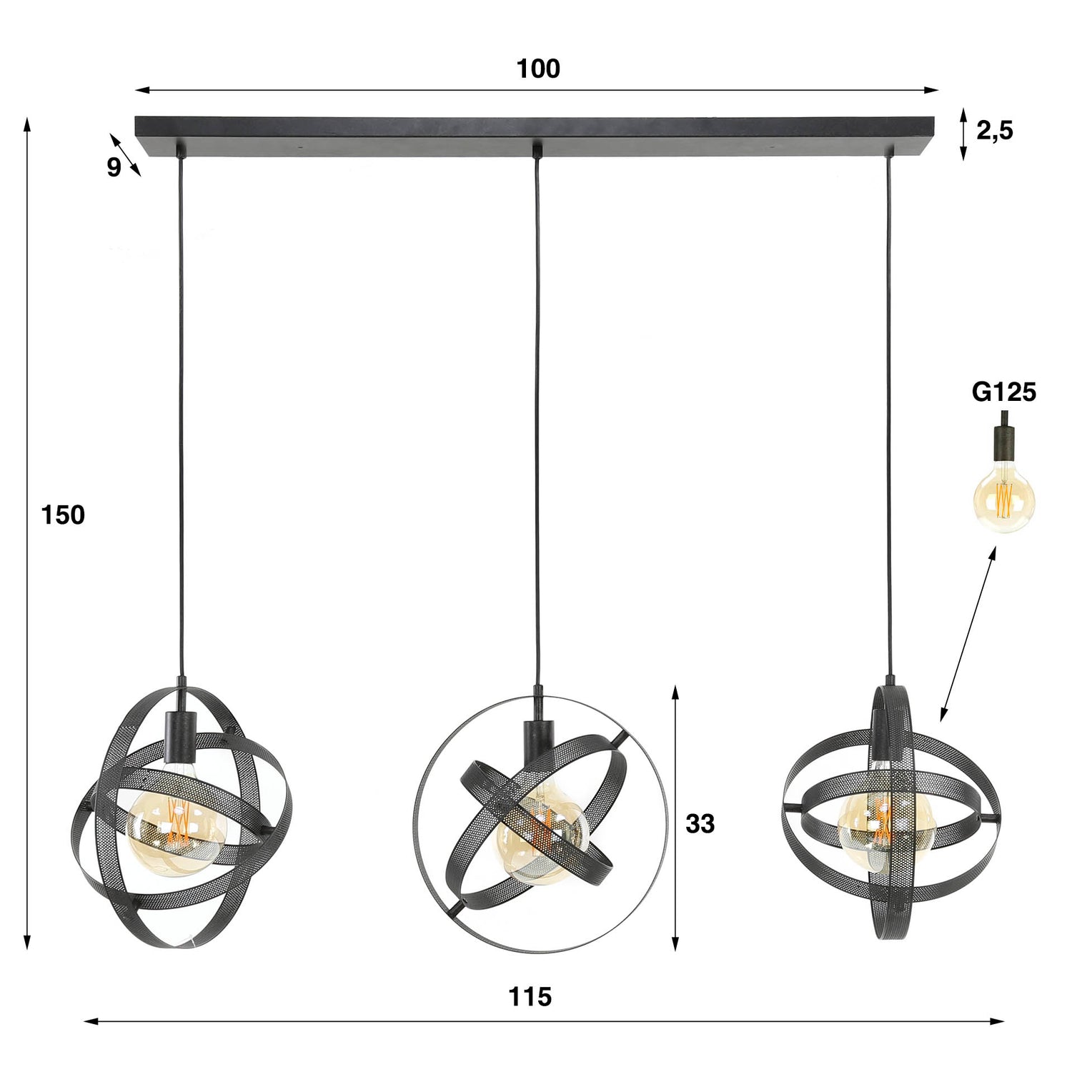 Hanglamp met 3 Lampen Cosmos Mesh - 115x33x150 cm - Artic - Zwart