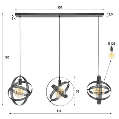 Hanglamp met 3 Lampen Cosmos Mesh - 115x33x150 cm - Artic - Zwart