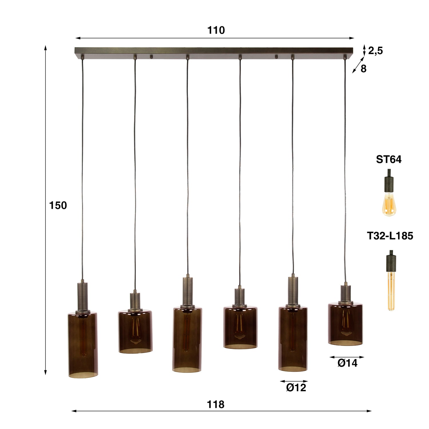 Hanglamp met 6 Lampen Sepiora - 118x14x150 cm - Sienna Bruin