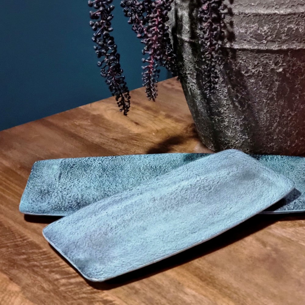 Bord Rechthoek Decoratief Blauw Patina Groot (set van 4)