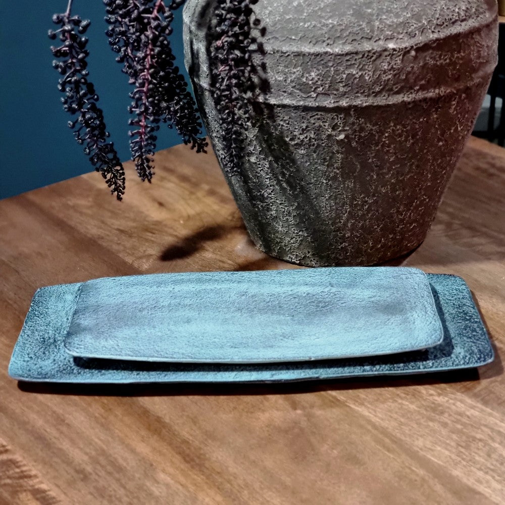 Bord Rechthoek Decoratief Blauw Patina Klein (set van 4)