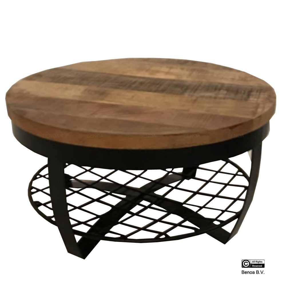 Salontafel Rond Metaal & Metalen Rek 90 Iron Stand Black Finish & Hout Natuurlijke Finish