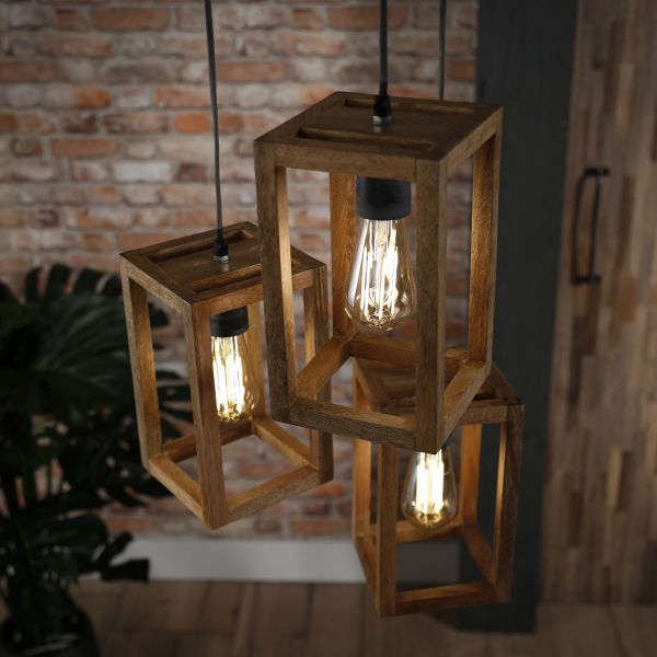 Hanglamp 3x houten frame getrapt - Massief mango naturel