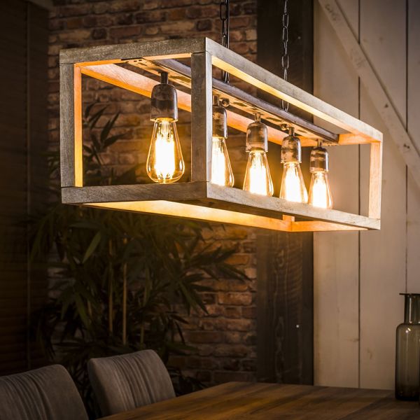 Hanglamp 5L rechthoek houten frame - Massief mango naturel