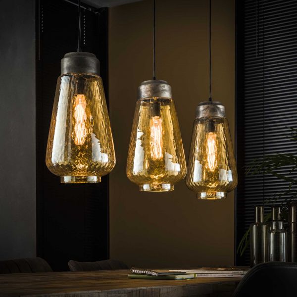 Hanglamp 3L amber glas druppel - Oud zilver
